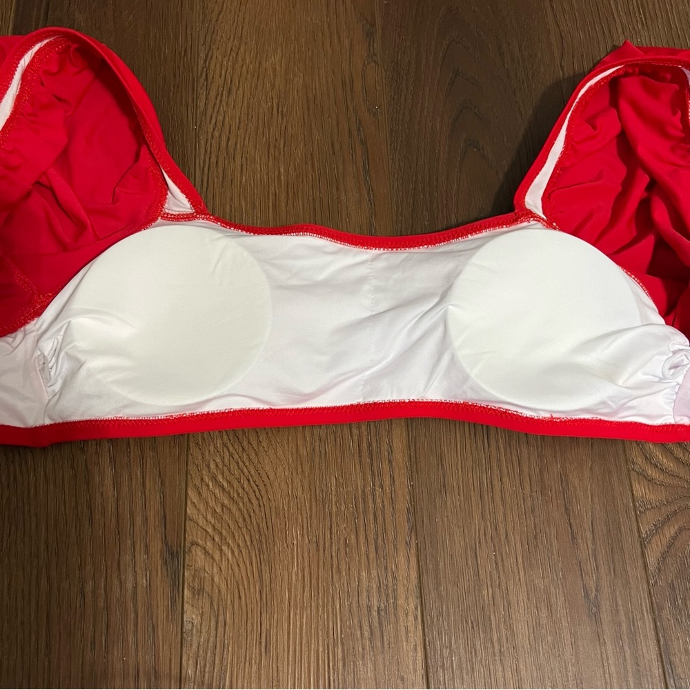 NWOT Red bikini top Square Neck Puff Sleeves Adjustable tie back bathing suit - Picture 10 of 10
